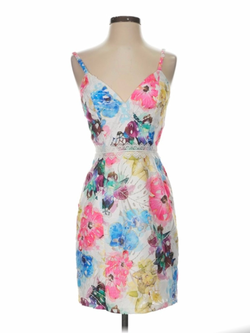 Floral Lace-Trim Spaghetti Strap Dress - White Multicolor